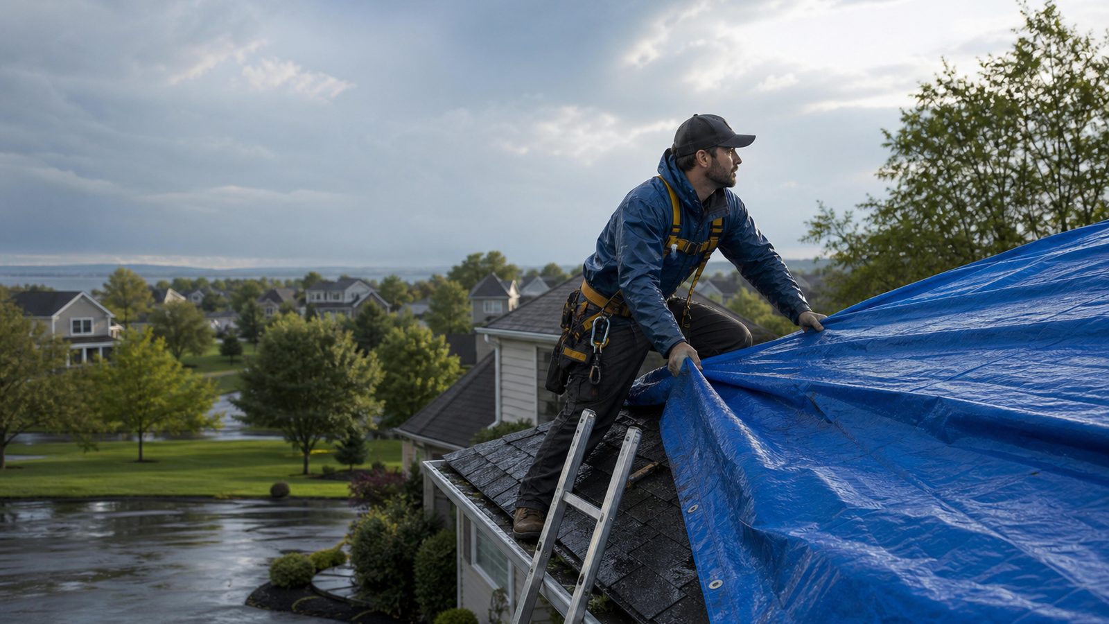 Emergency roof repair professional placing a temporary tarp