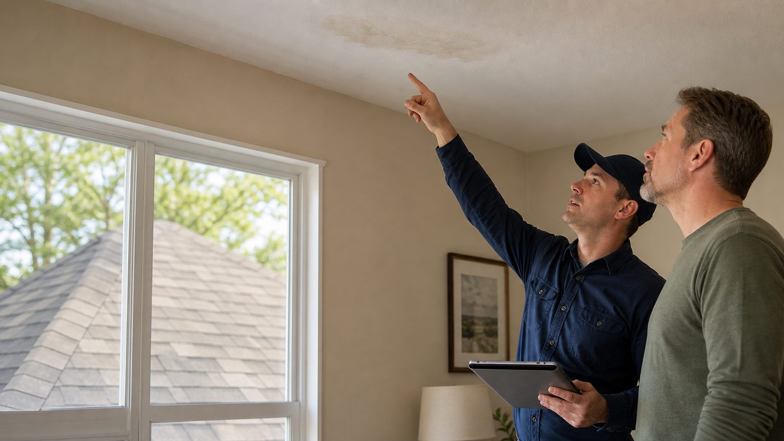 Roofing professional discussing a ceiling water stain with a homeowner