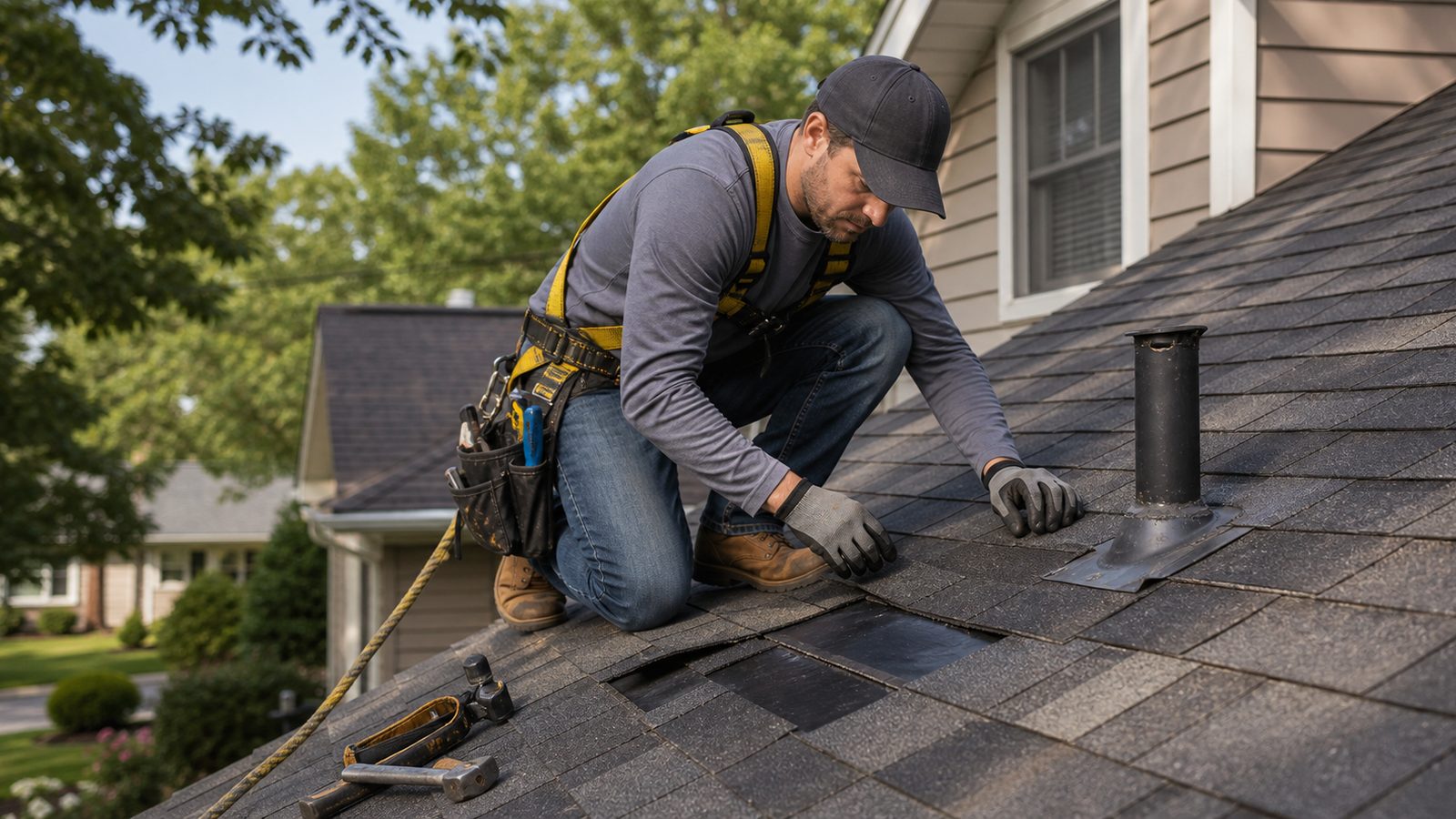 Roofer repairing shingles on a residential roof