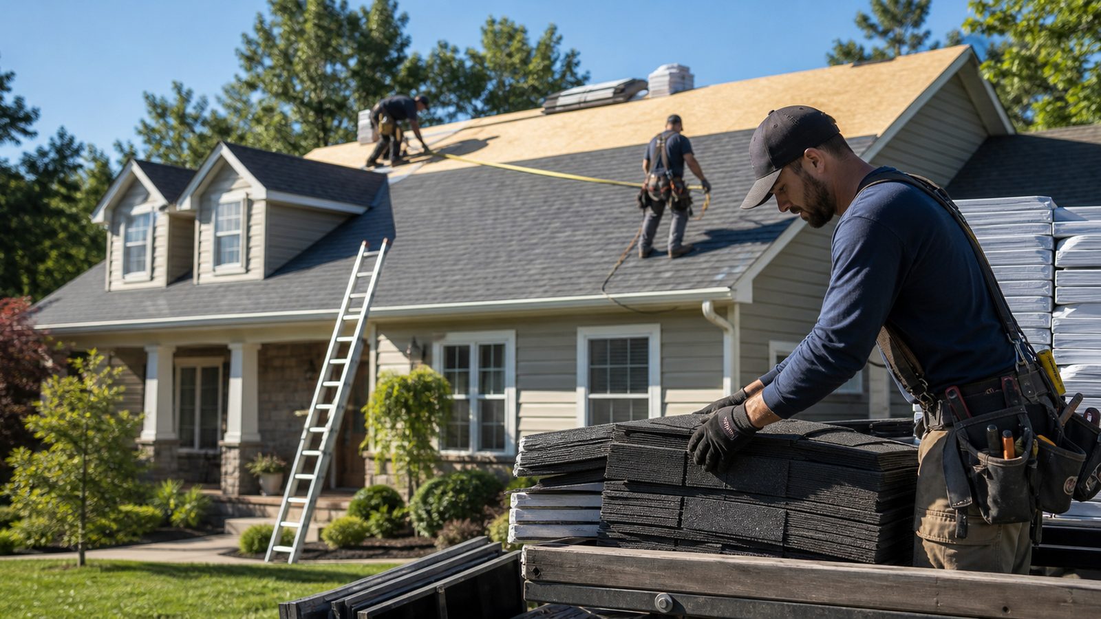 Roofing crew preparing materials for a roof replacement