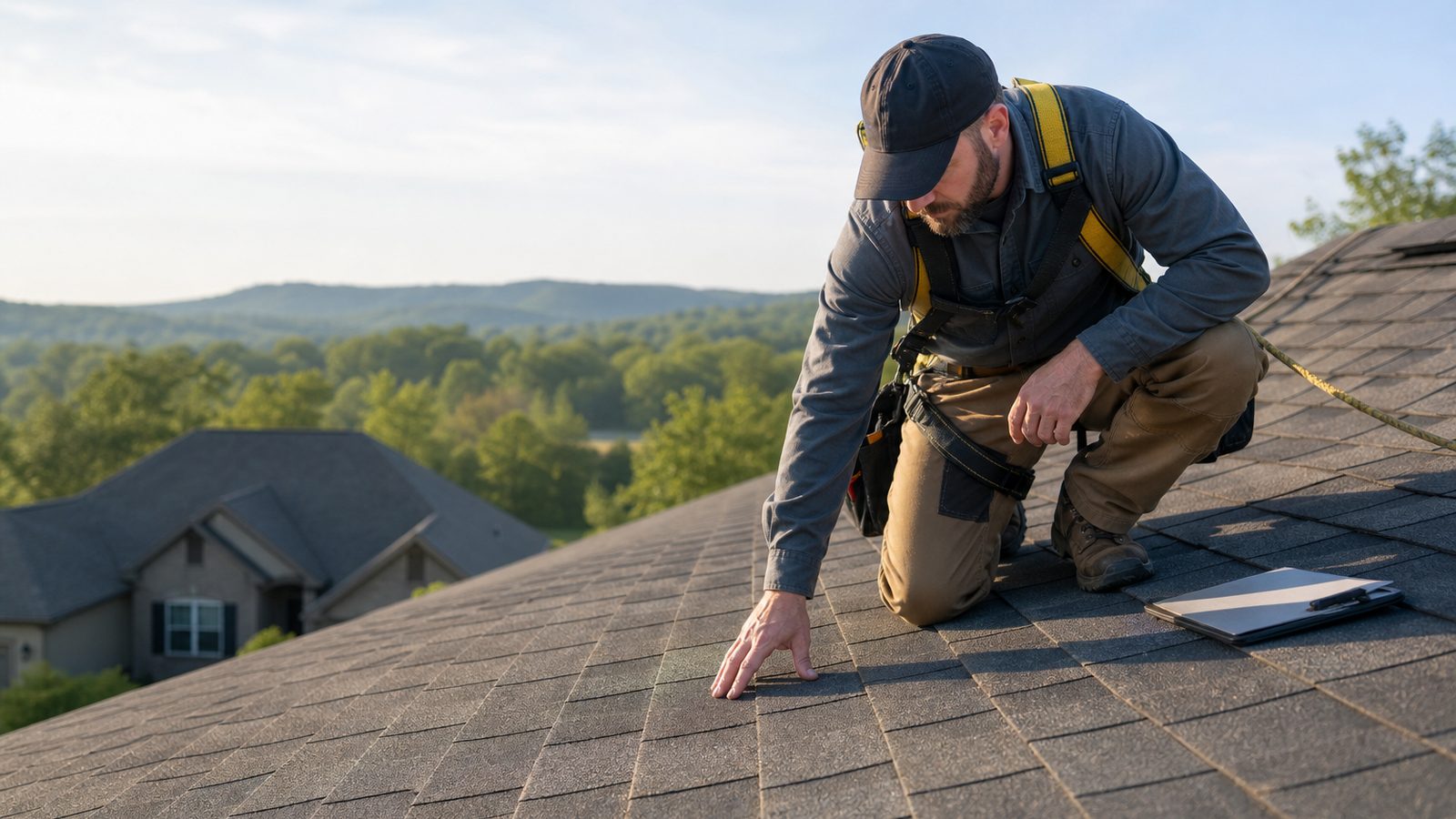 Professional roofer inspecting shingles on a residential roof