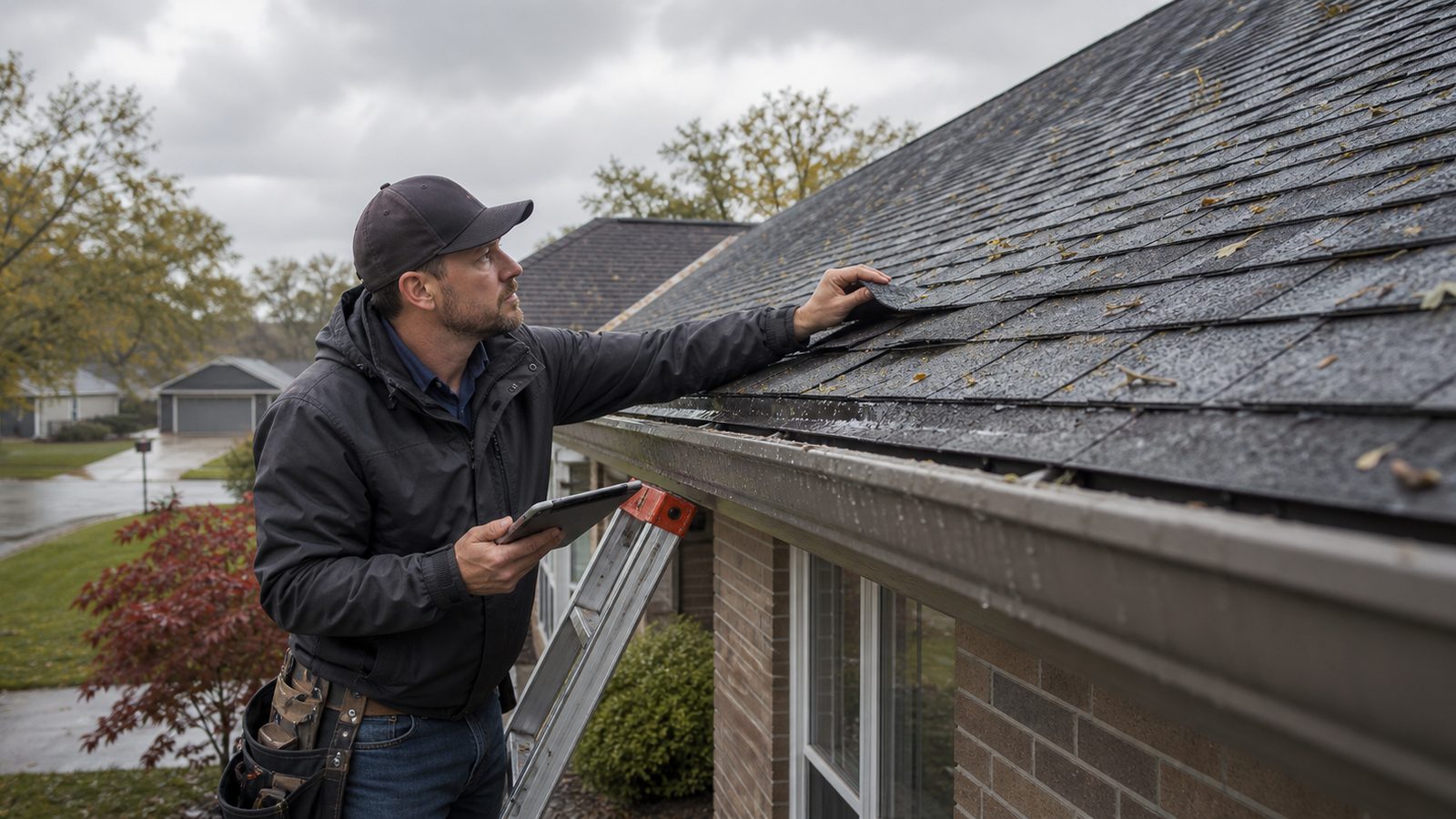 Roof inspector checking shingles and gutters after a storm